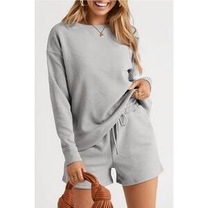 NEW LIVEFASHIONWAY long sleeve top and drawstring shorts set in grey